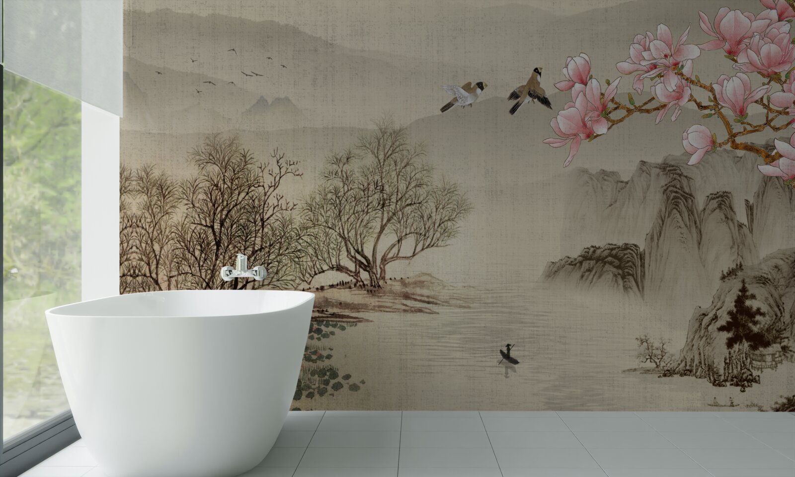 Papier peint magnolia en fleurs et rivière tranquille dans les montagnes