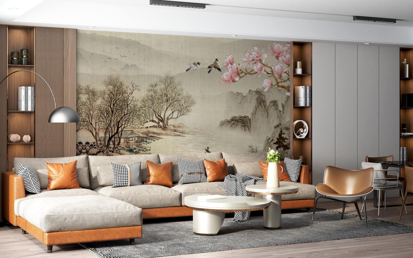 Papier peint magnolia en fleurs et rivière tranquille dans les montagnes