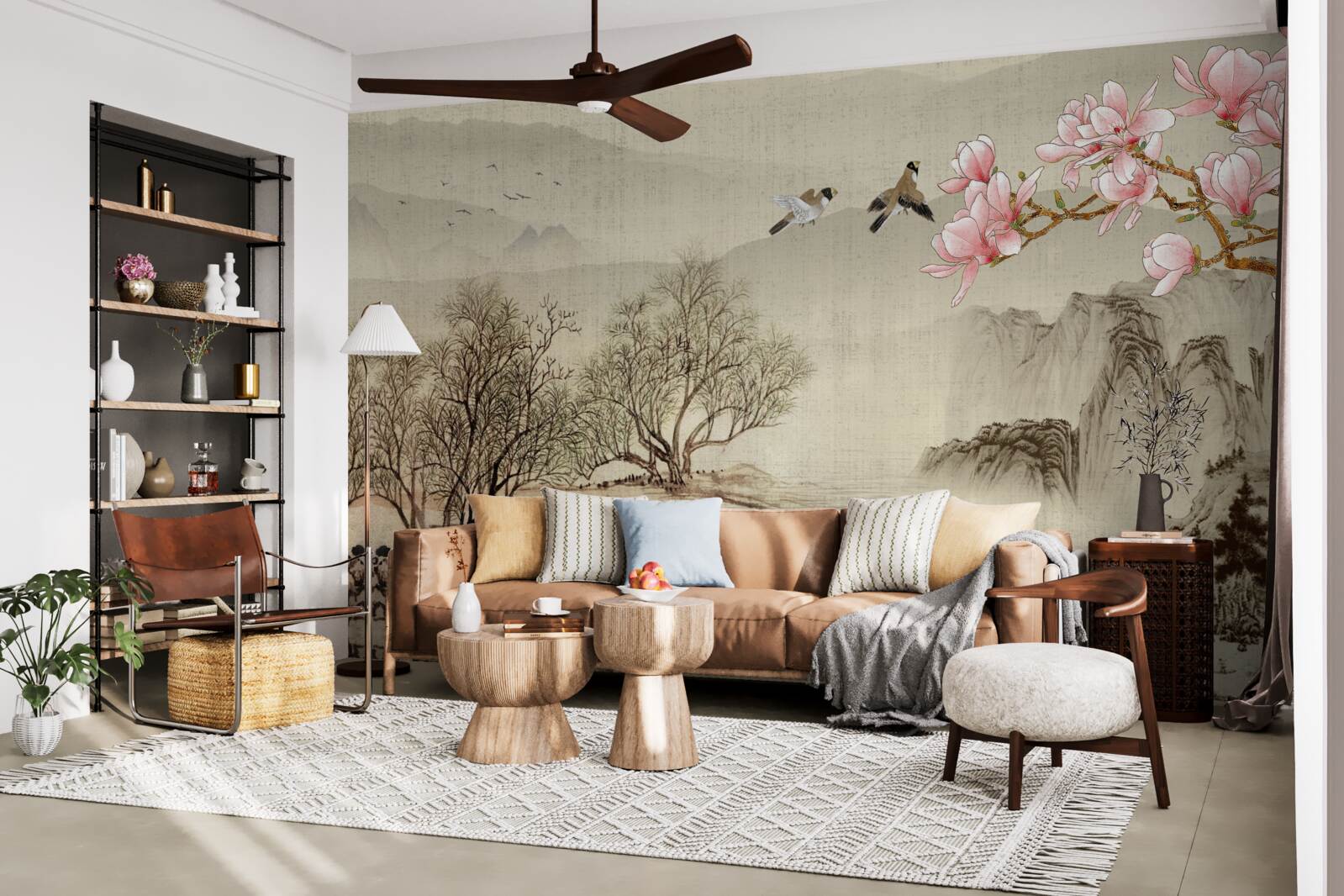 Papier peint magnolia en fleurs et rivière tranquille dans les montagnes