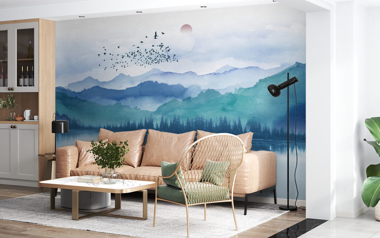 Papier peint une volée d'oiseaux traversant un lac de montagne sur fond de soleil couchant