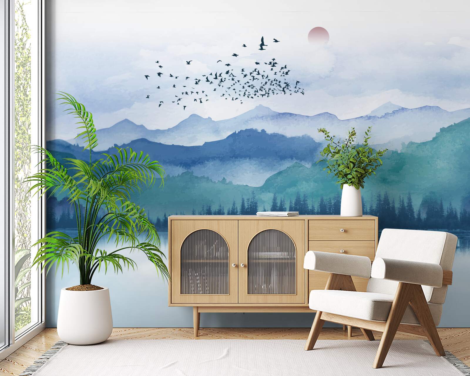 Papier peint une volée d'oiseaux traversant un lac de montagne sur fond de soleil couchant