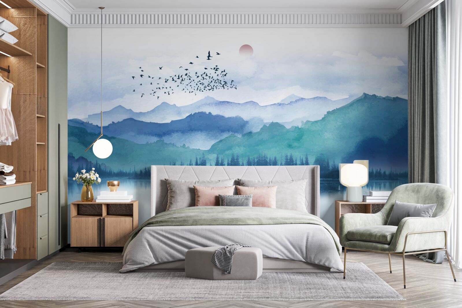 Papier peint une volée d'oiseaux traversant un lac de montagne sur fond de soleil couchant