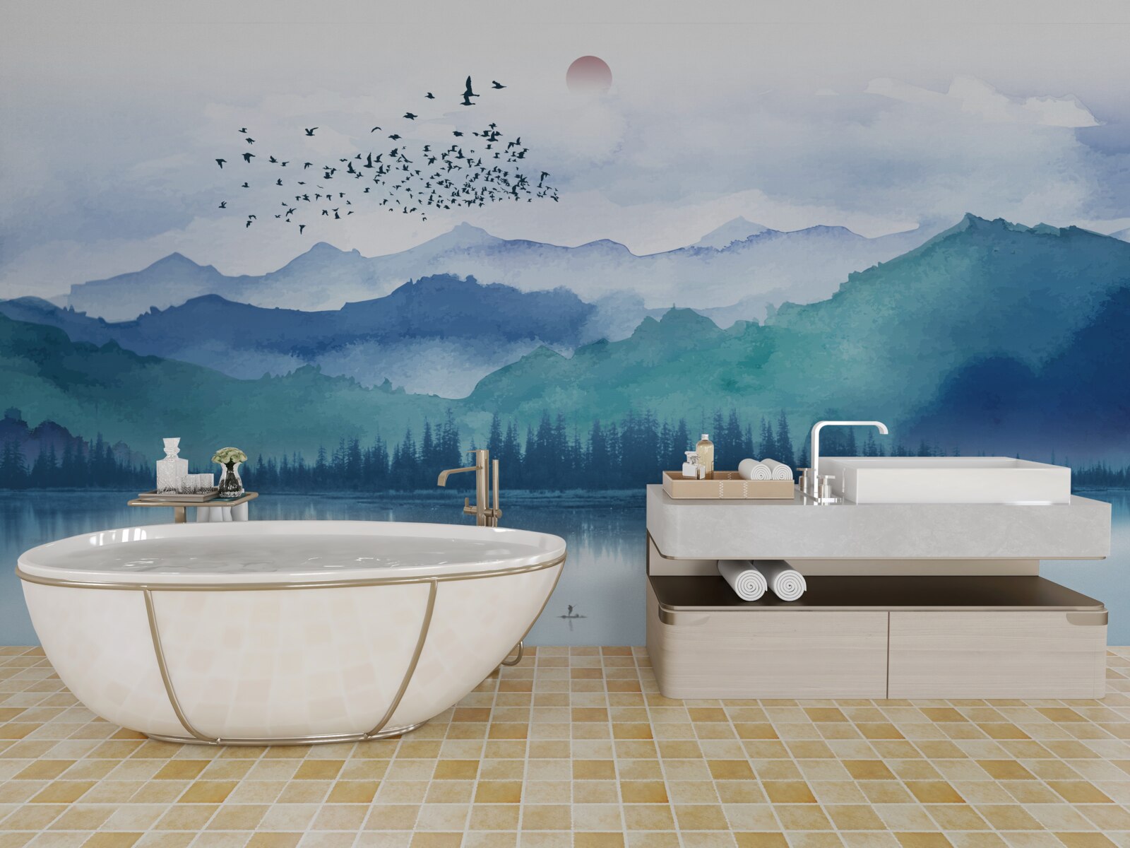 Papier peint une volée d'oiseaux traversant un lac de montagne sur fond de soleil couchant