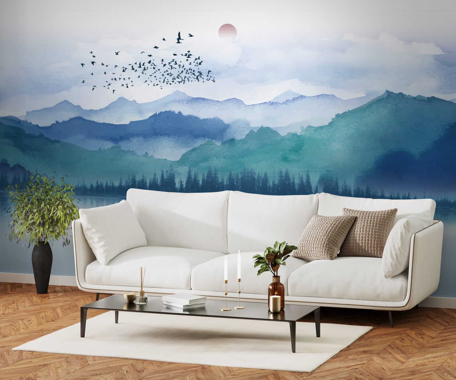 Papier peint une volée d'oiseaux traversant un lac de montagne sur fond de soleil couchant