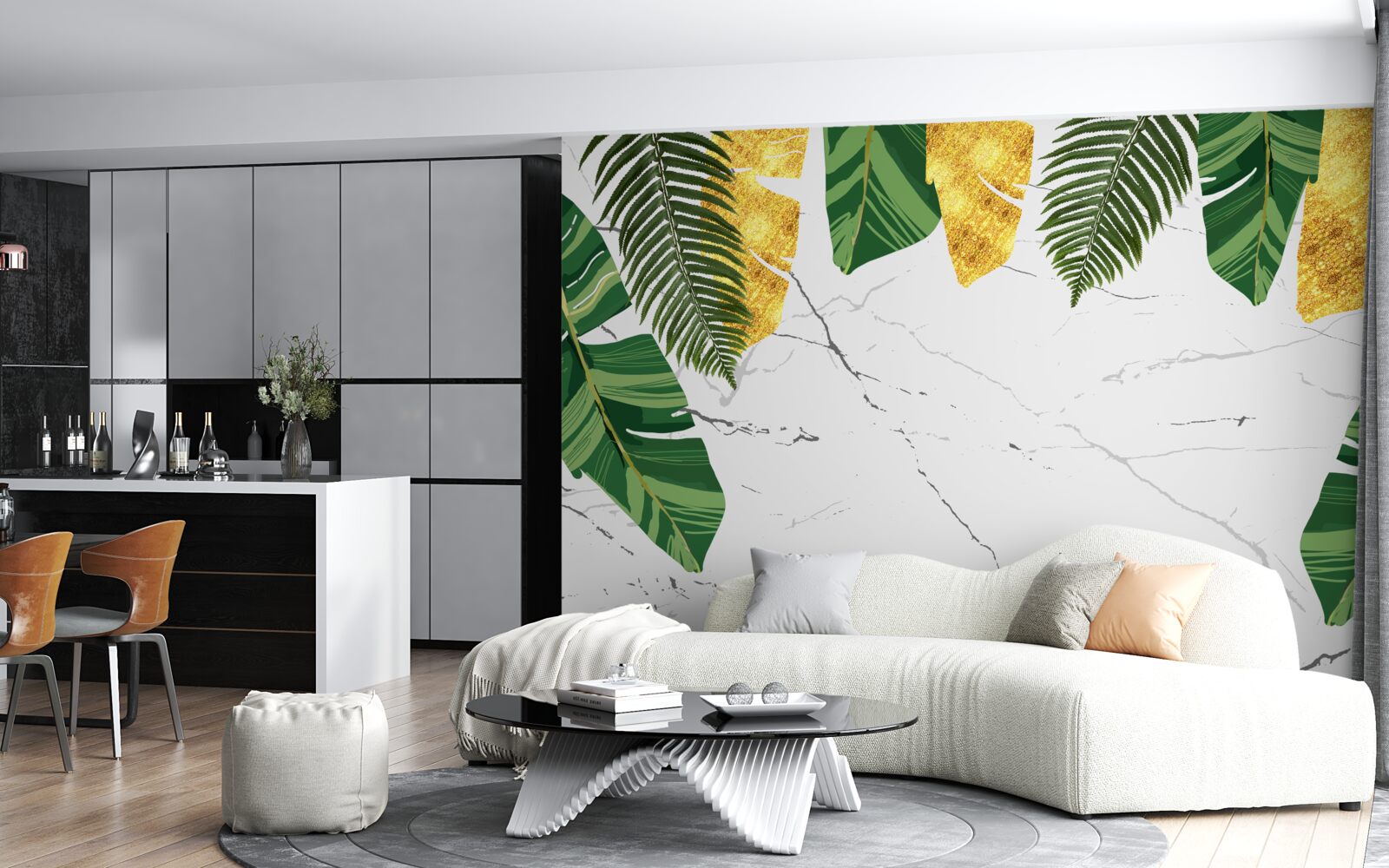 Papier peint feuilles vertes et jaunes sur un marbre blanc comme neige