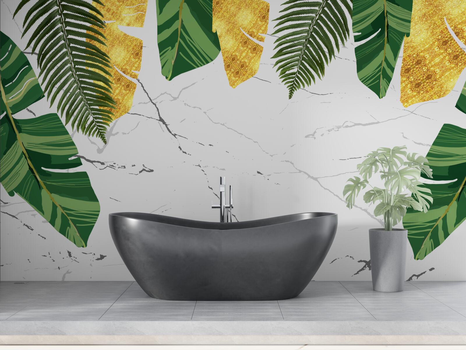 Papier peint feuilles vertes et jaunes sur un marbre blanc comme neige