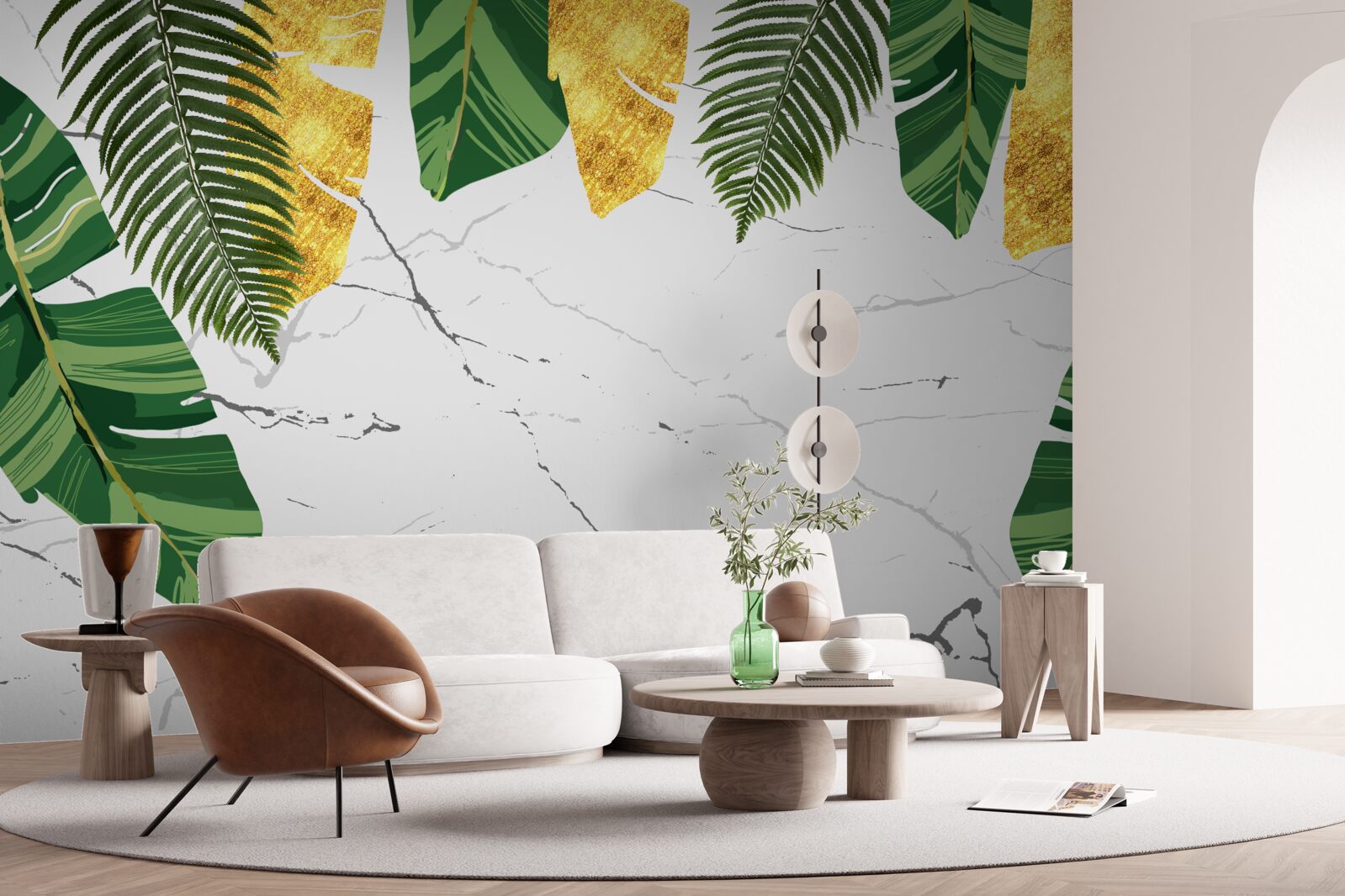 Papier peint feuilles vertes et jaunes sur un marbre blanc comme neige