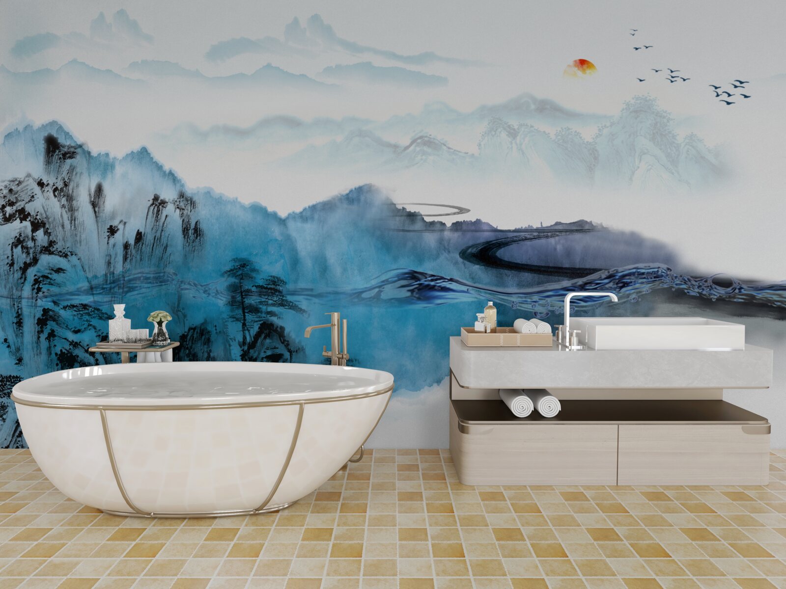 Papier peint village de pêcheurs de montagne