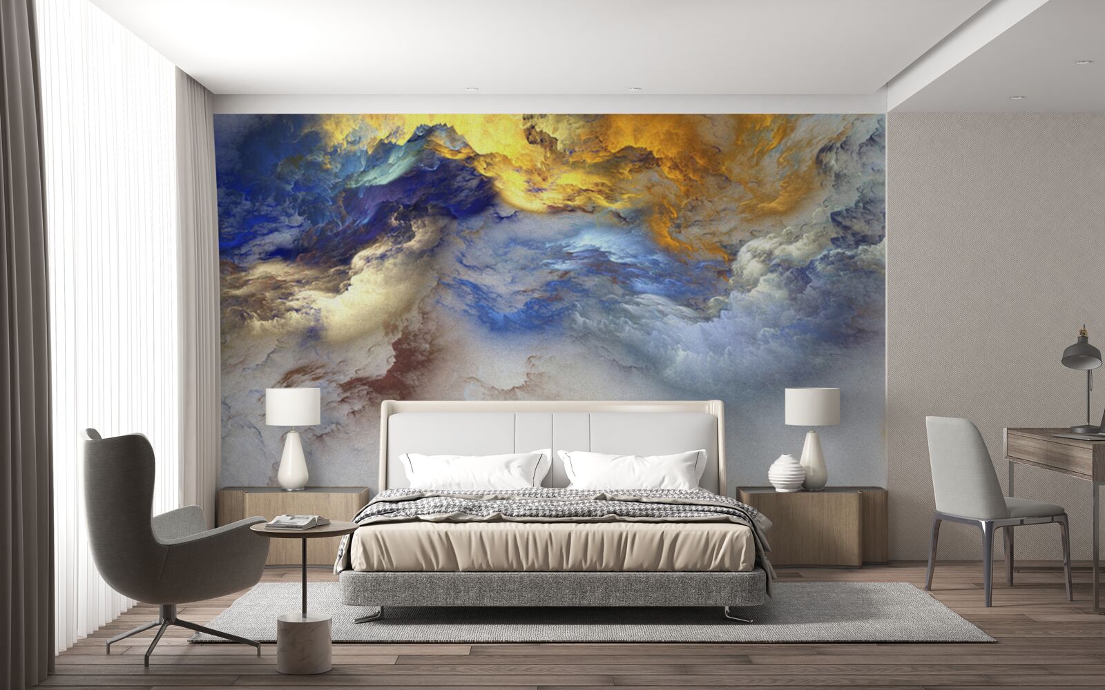 Papier peint marbre avec nuances, peint en bleu et jaune