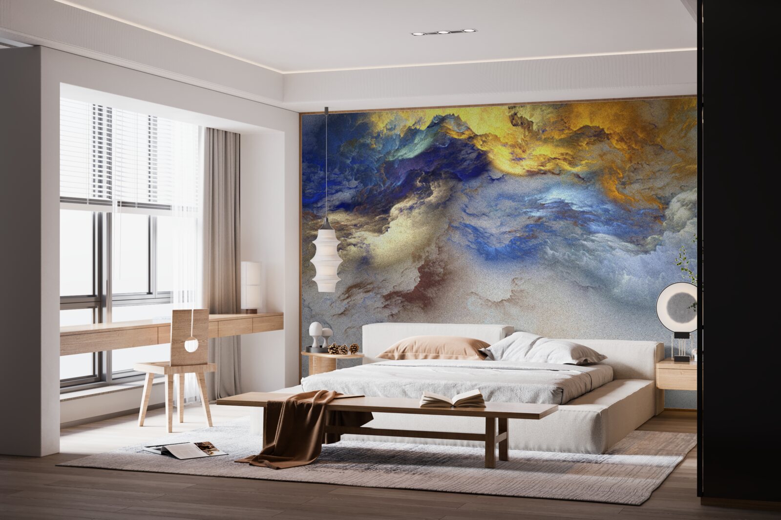 Papier peint marbre avec nuances, peint en bleu et jaune