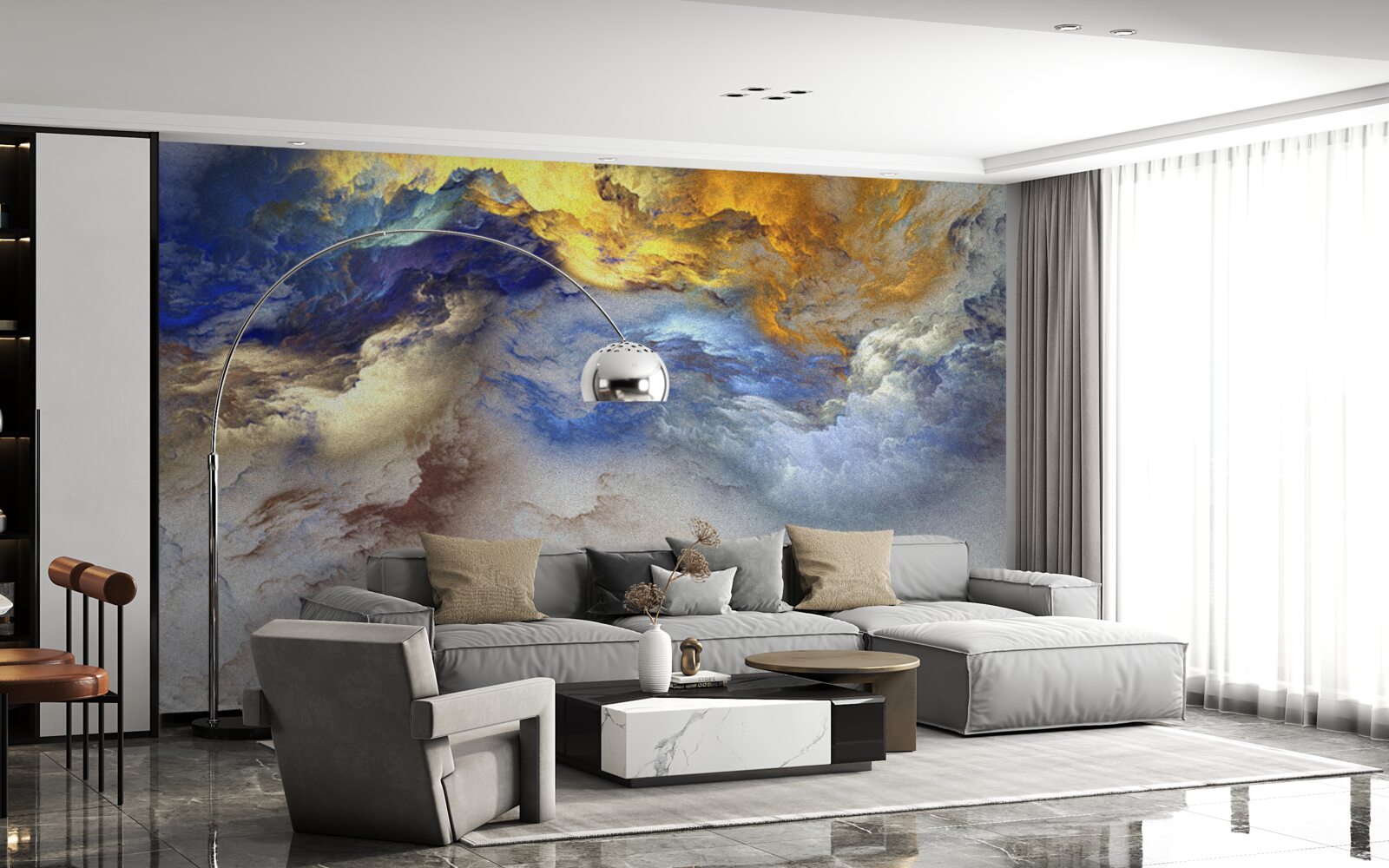 Papier peint marbre avec nuances, peint en bleu et jaune