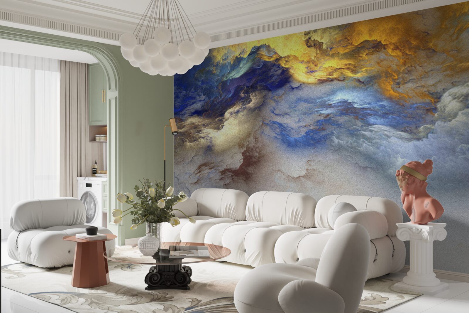 Papier peint marbre avec nuances, peint en bleu et jaune