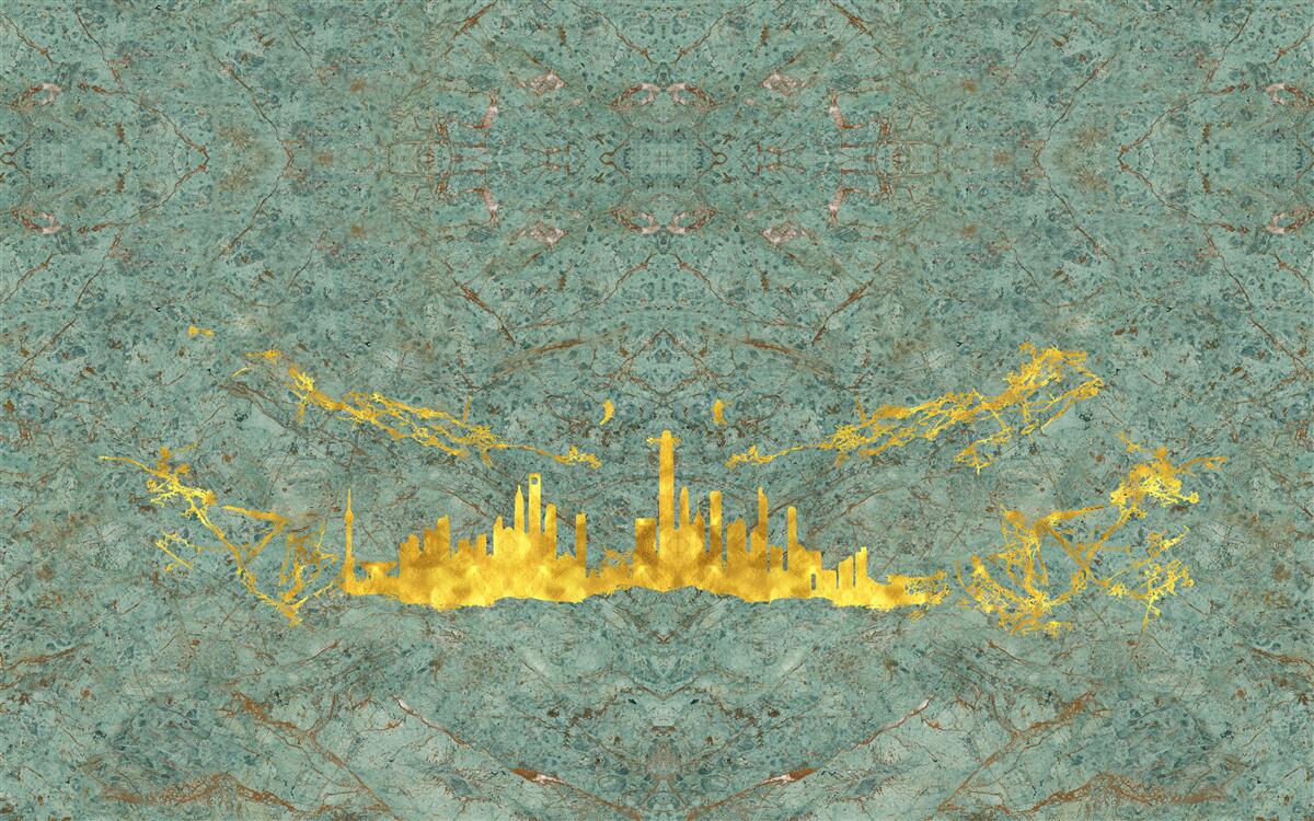 Papier peint marbre vert recouvert de fils d'or