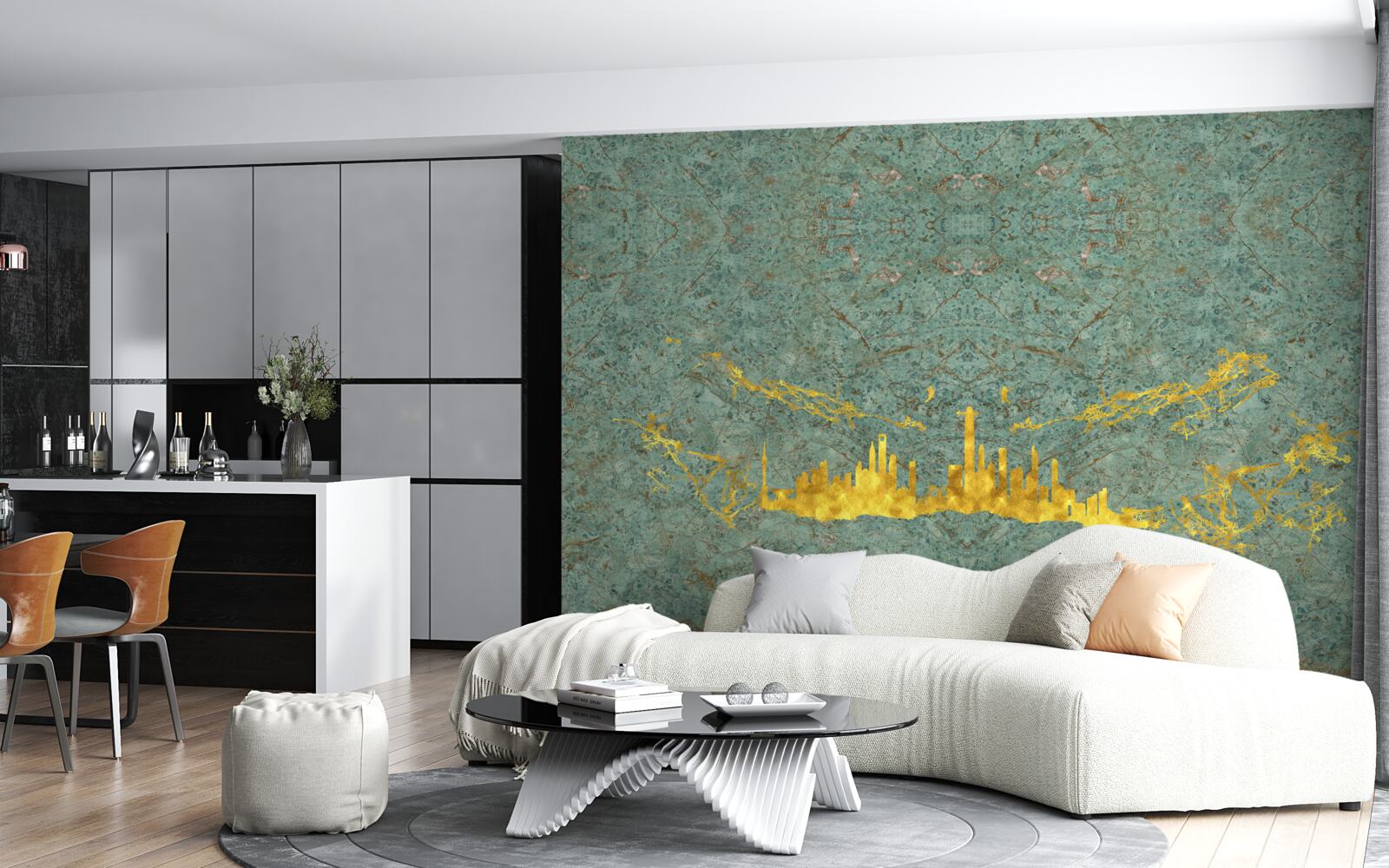 Papier peint marbre vert recouvert de fils d'or