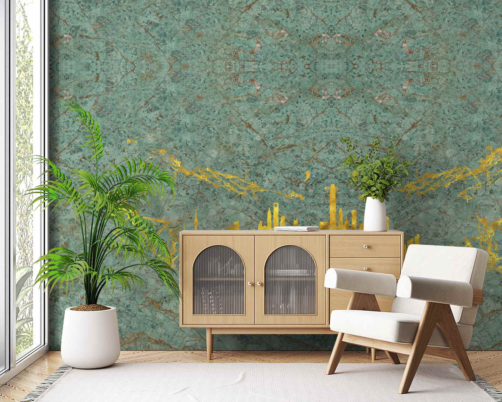 Papier peint marbre vert recouvert de fils d'or