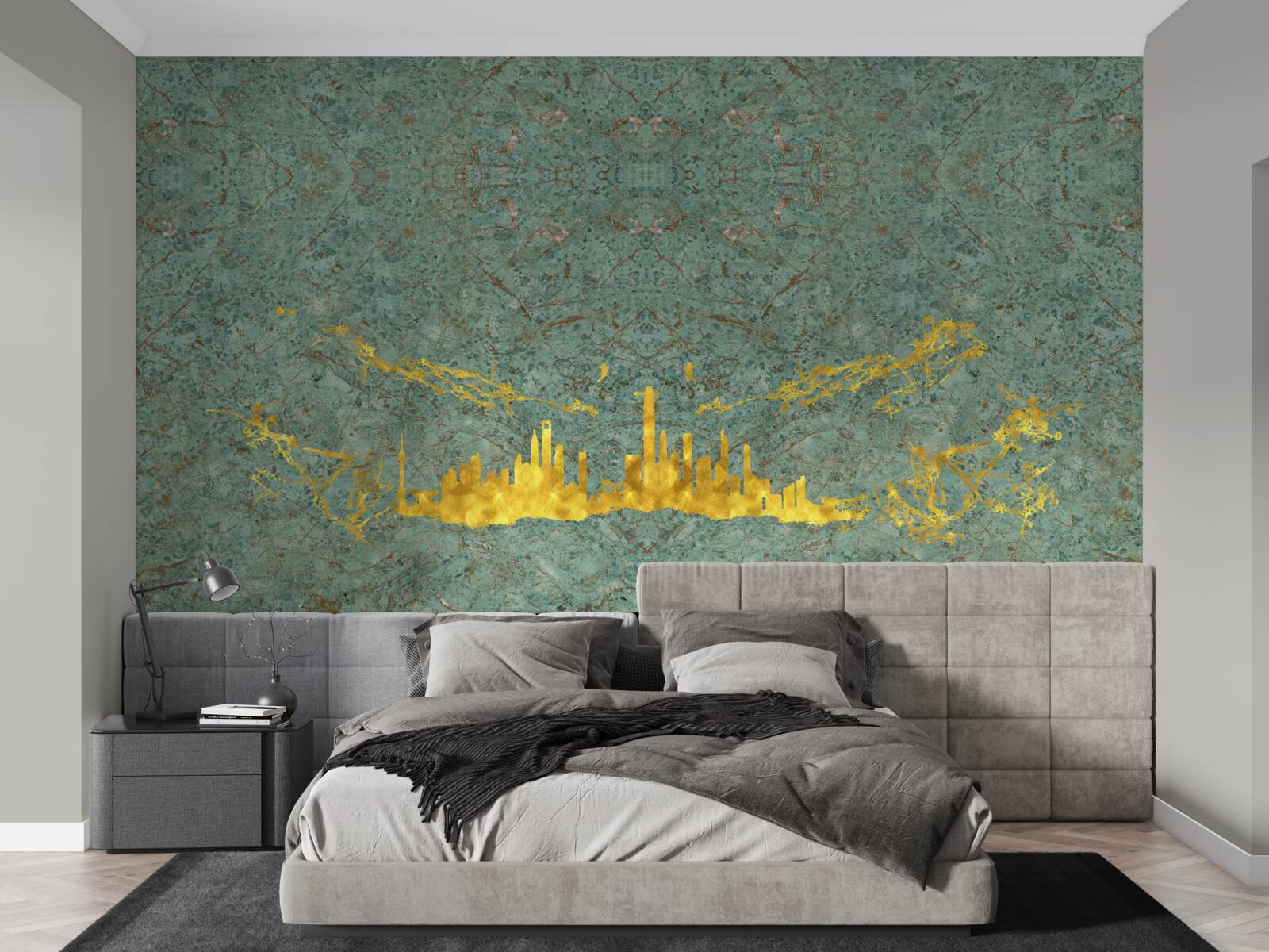 Papier peint marbre vert recouvert de fils d'or