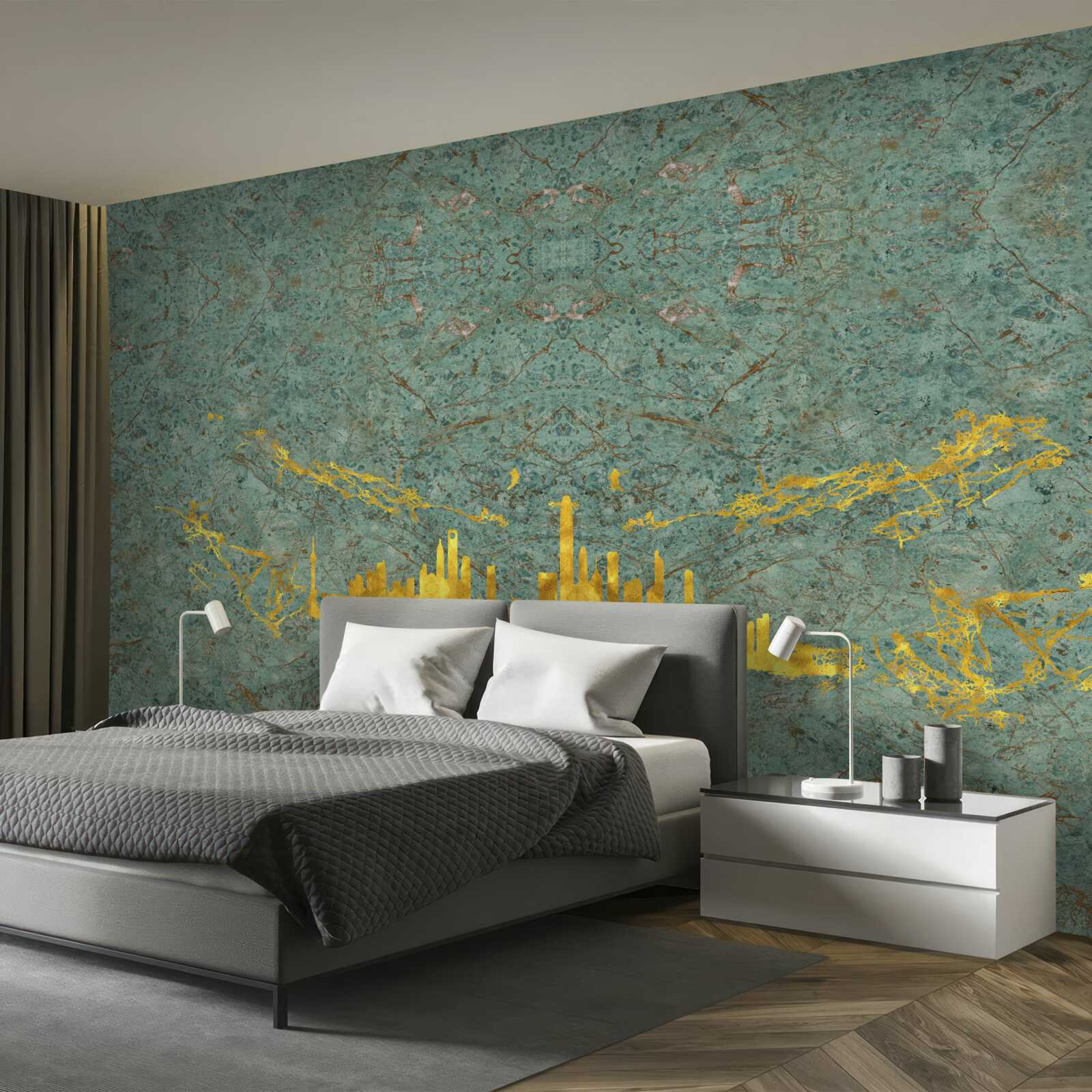 Papier peint marbre vert recouvert de fils d'or