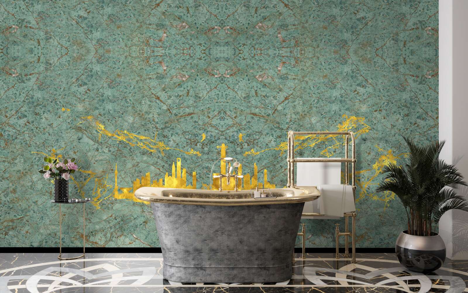 Papier peint marbre vert recouvert de fils d'or