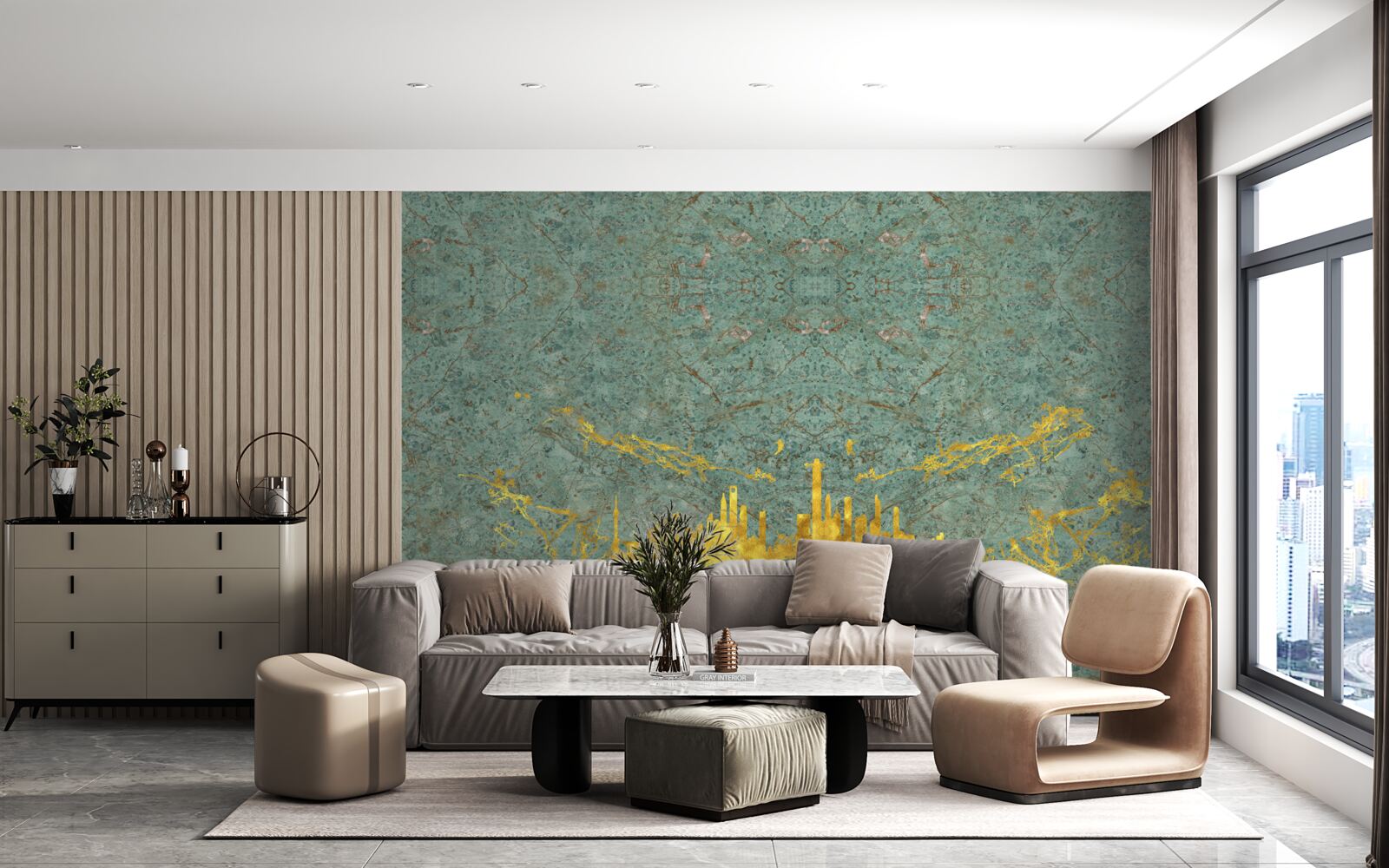 Papier peint marbre vert recouvert de fils d'or