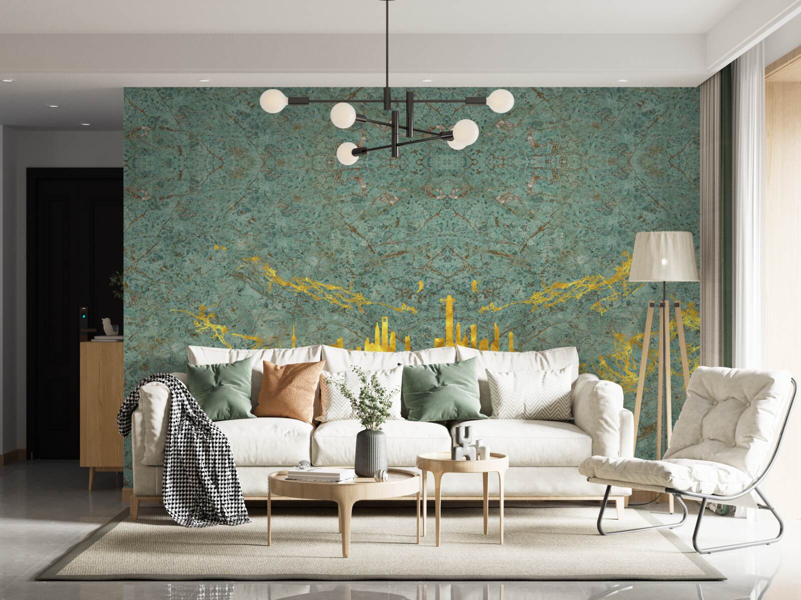 Papier peint marbre vert recouvert de fils d'or