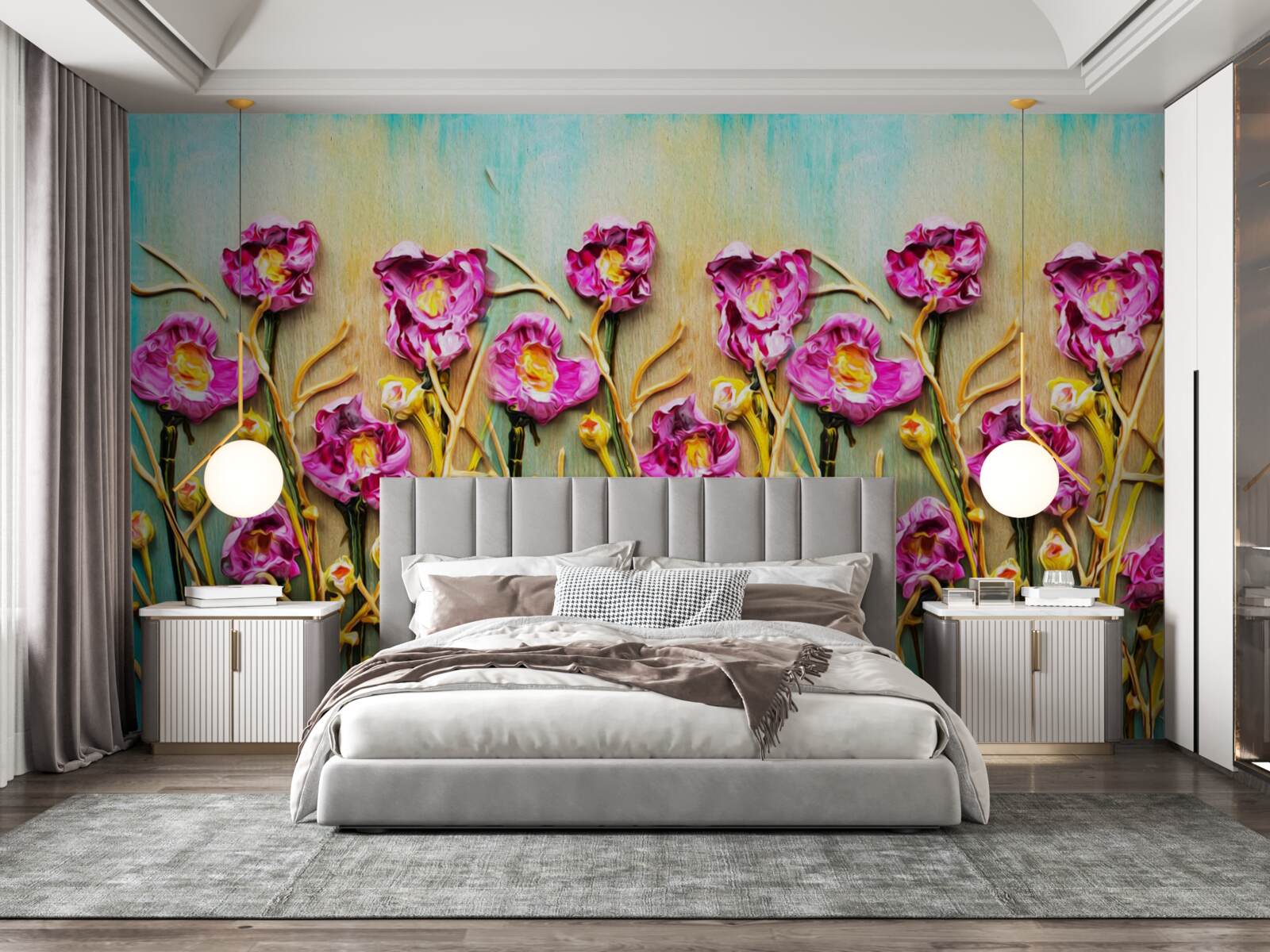 Papier peint fleurs abstraites représentées à la peinture à l'huile