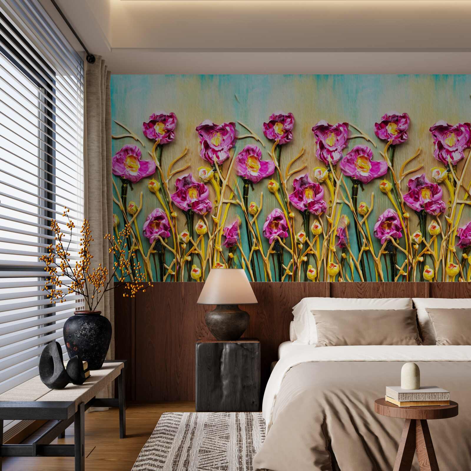 Papier peint fleurs abstraites représentées à la peinture à l'huile