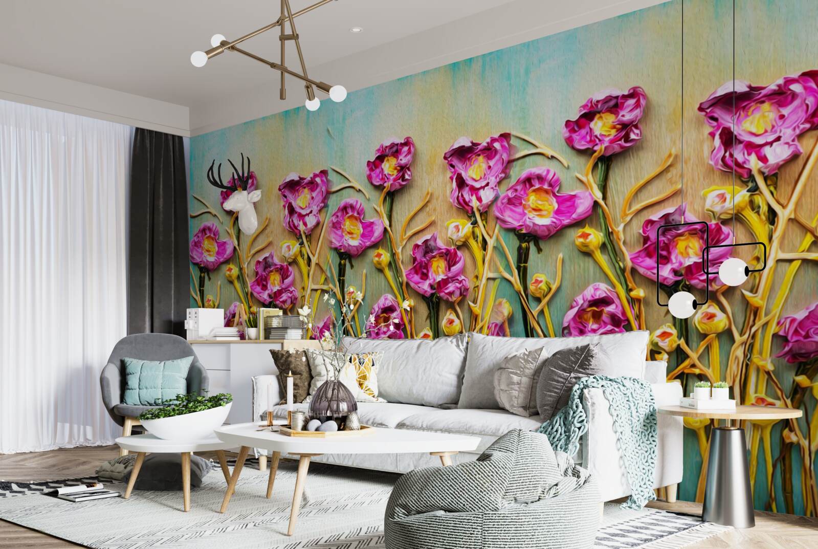 Papier peint fleurs abstraites représentées à la peinture à l'huile