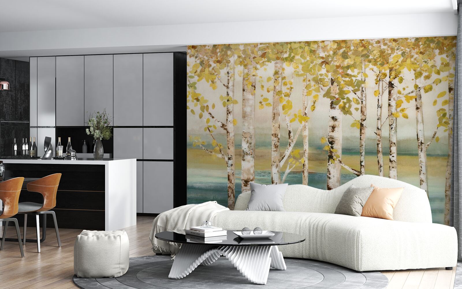 Papier peint étang de la forêt de bouleaux en automne