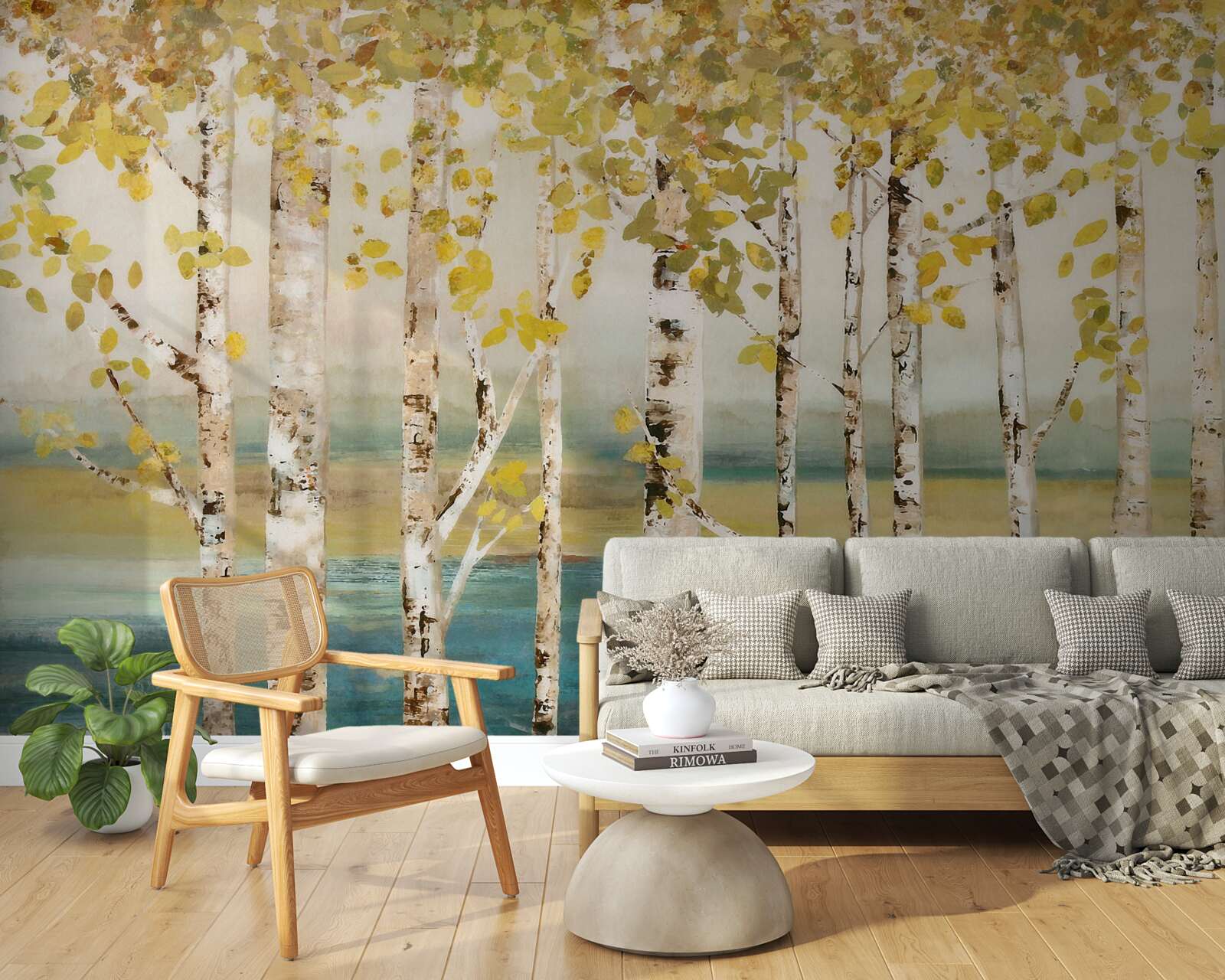 Papier peint étang de la forêt de bouleaux en automne