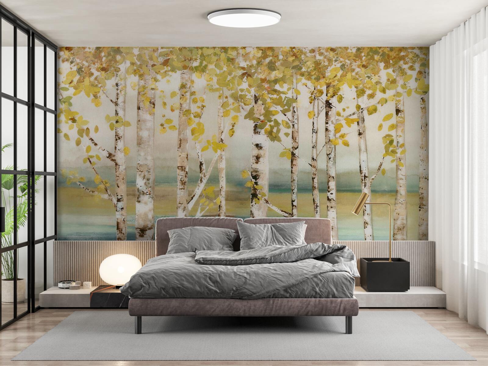 Papier peint étang de la forêt de bouleaux en automne