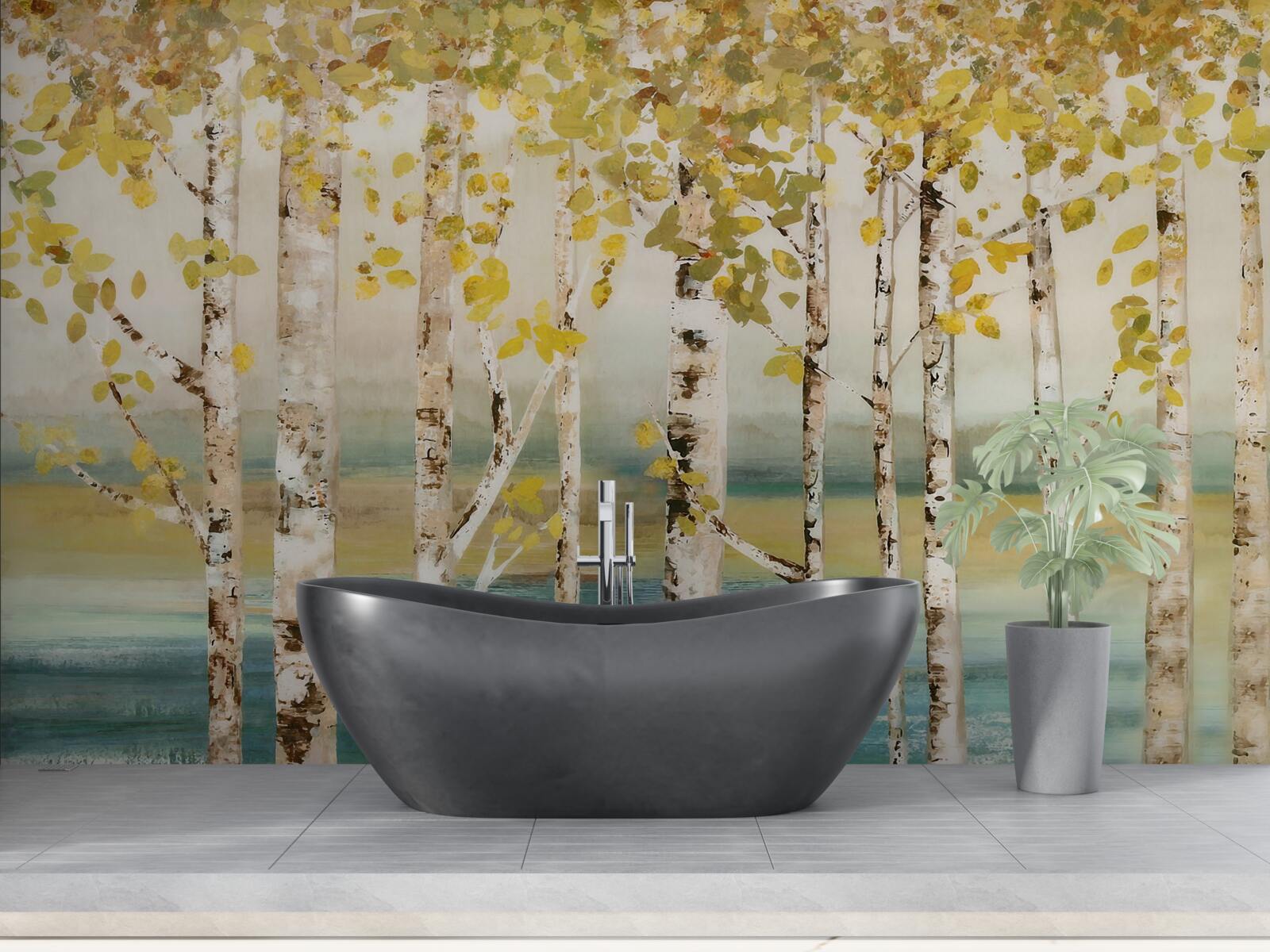 Papier peint étang de la forêt de bouleaux en automne