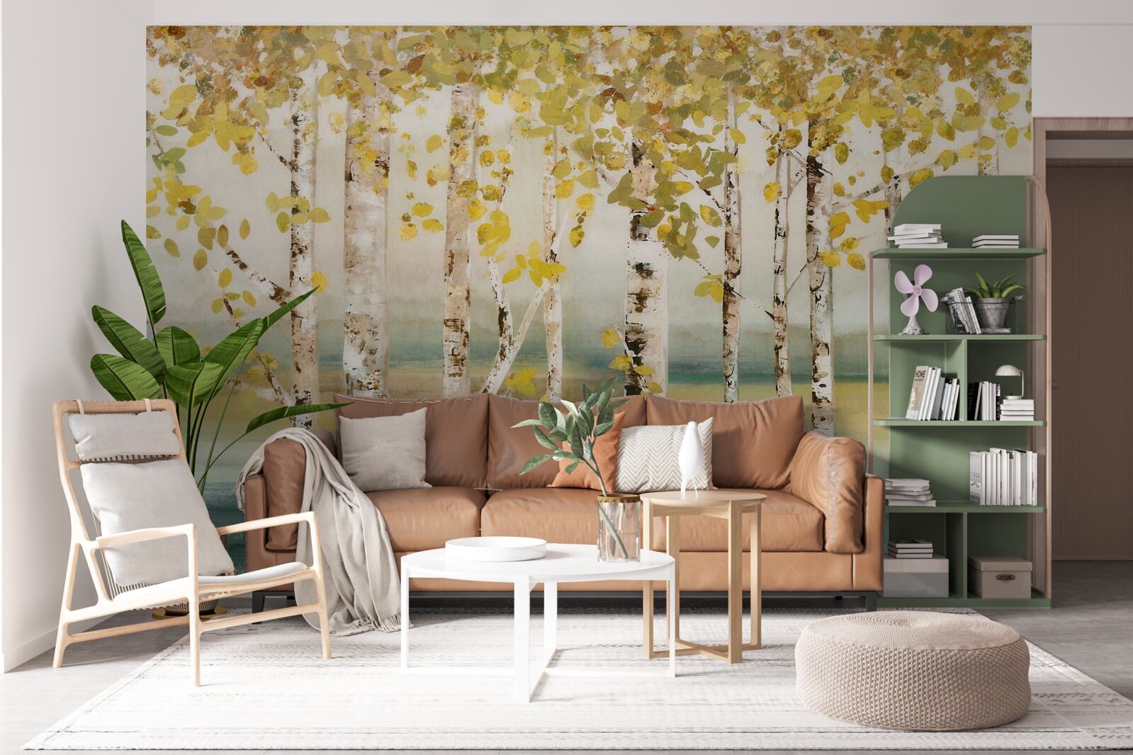 Papier peint étang de la forêt de bouleaux en automne