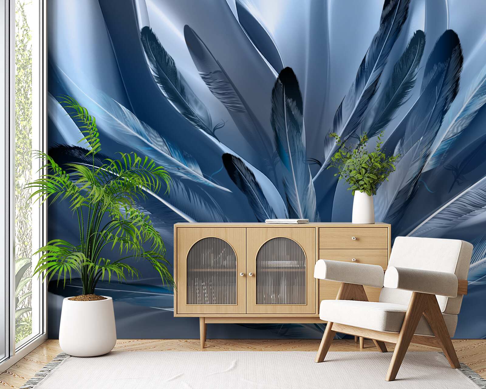 Papier peint fond parsemé de plumes bleues