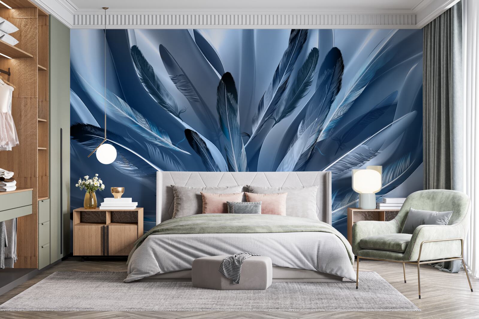 Papier peint fond parsemé de plumes bleues