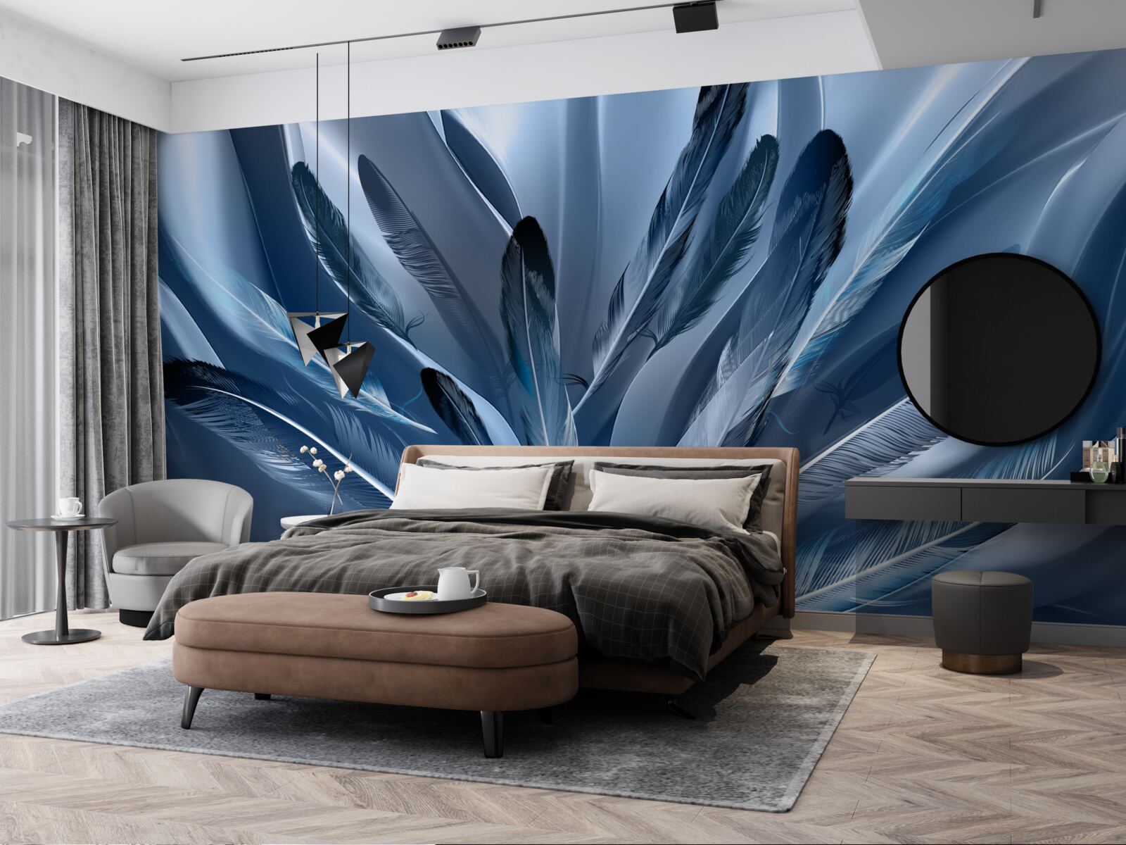 Papier peint fond parsemé de plumes bleues