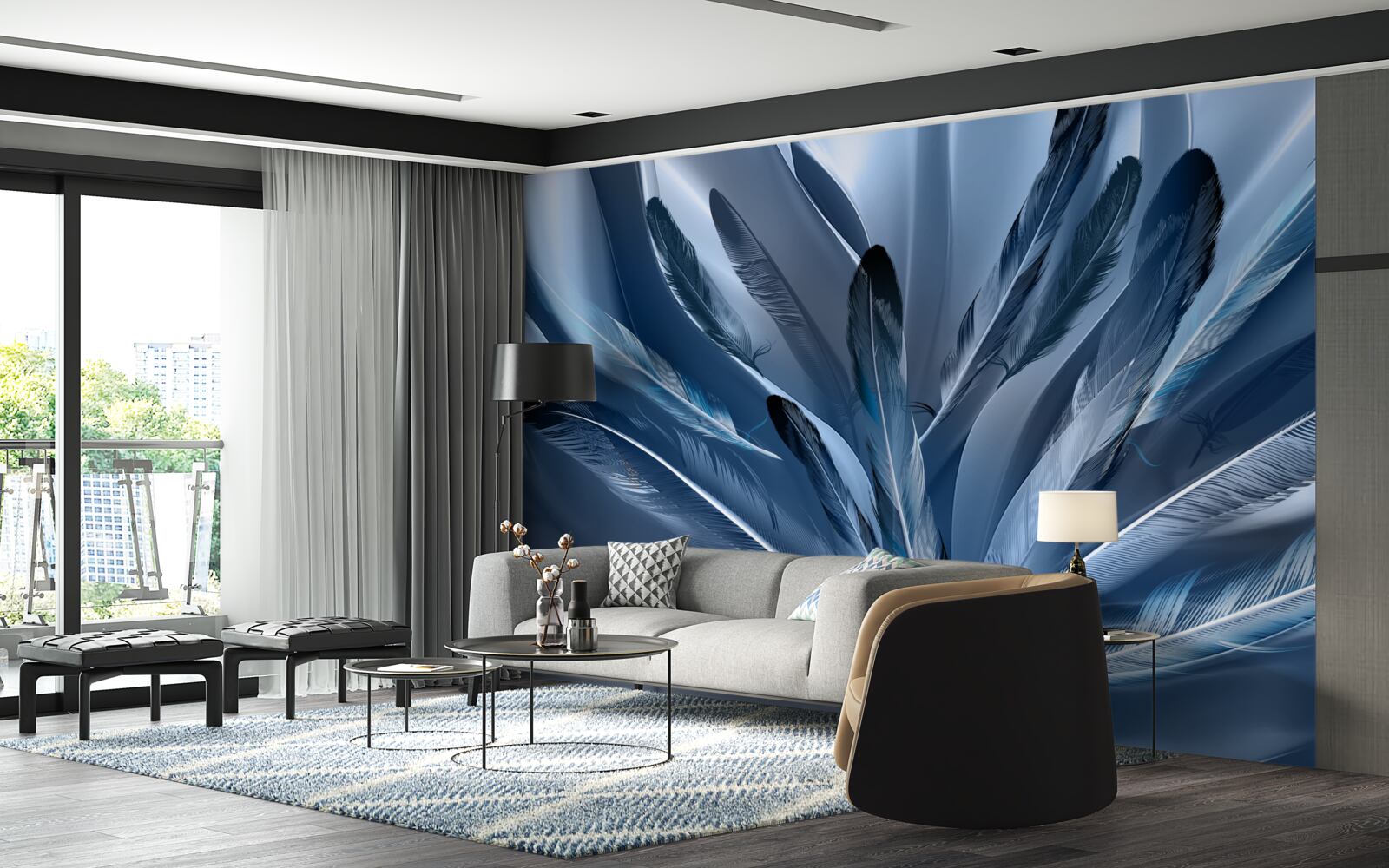 Papier peint fond parsemé de plumes bleues