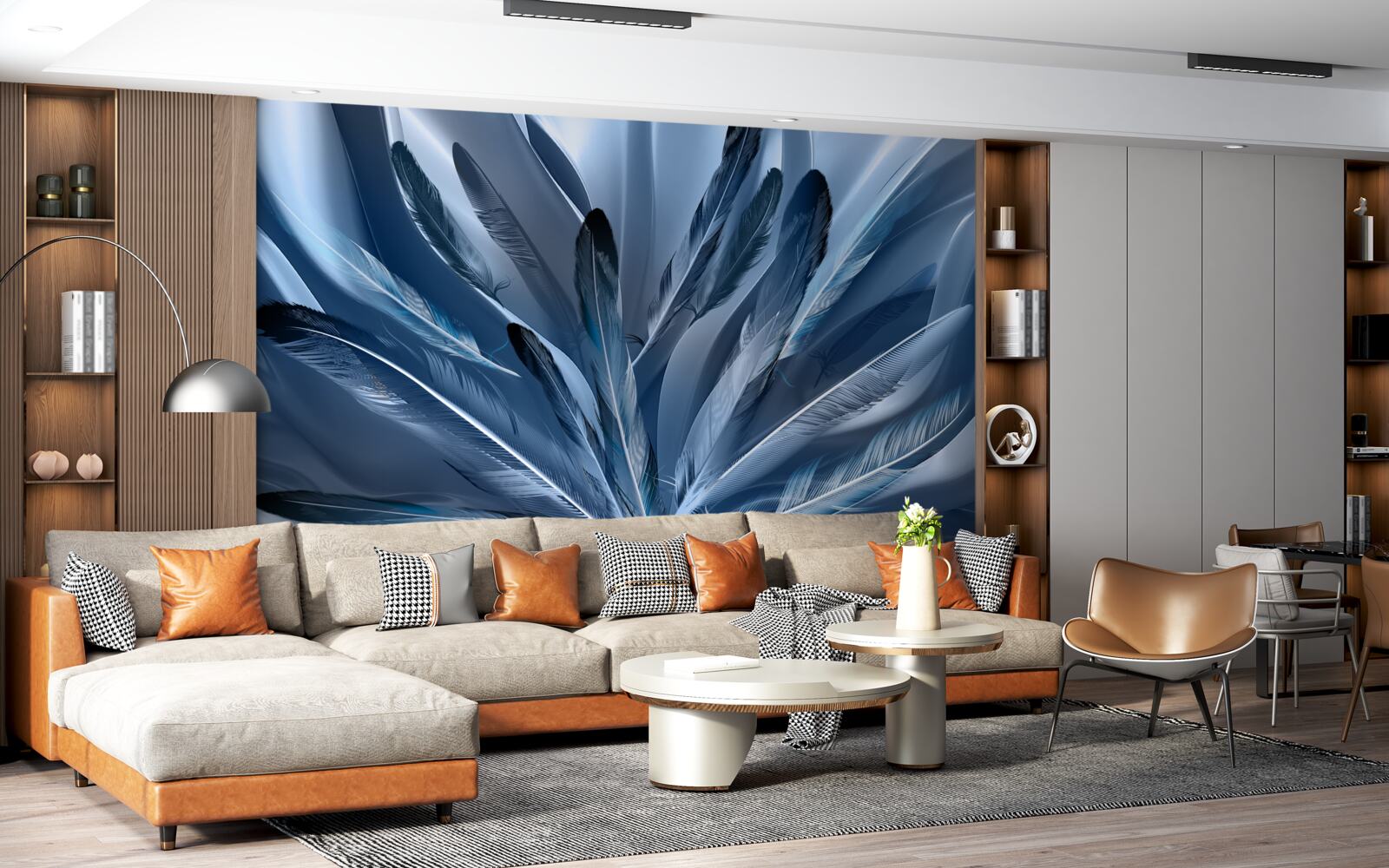 Papier peint fond parsemé de plumes bleues