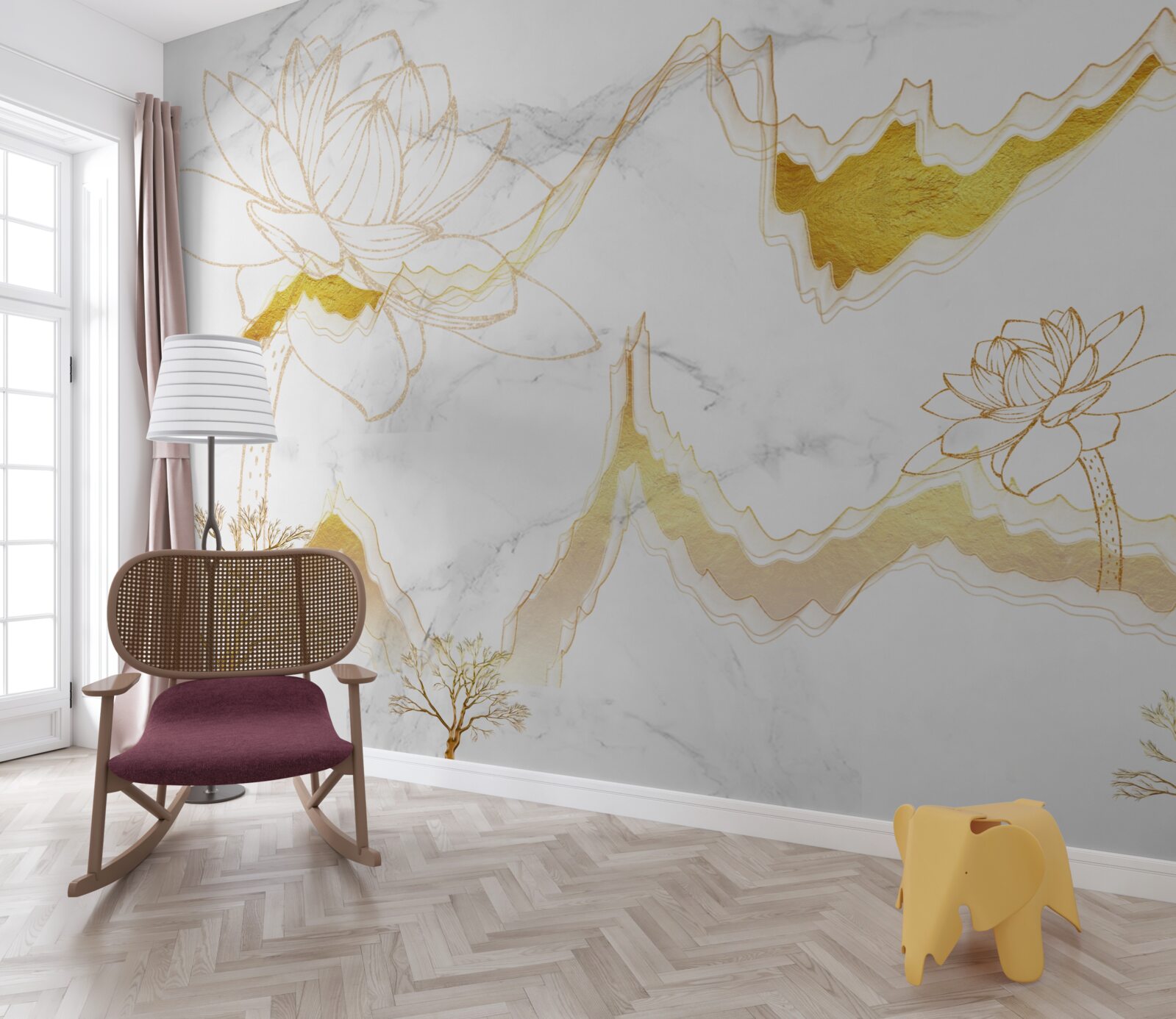 Papier peint contours de plantes et d'arbres sur fond écarlate