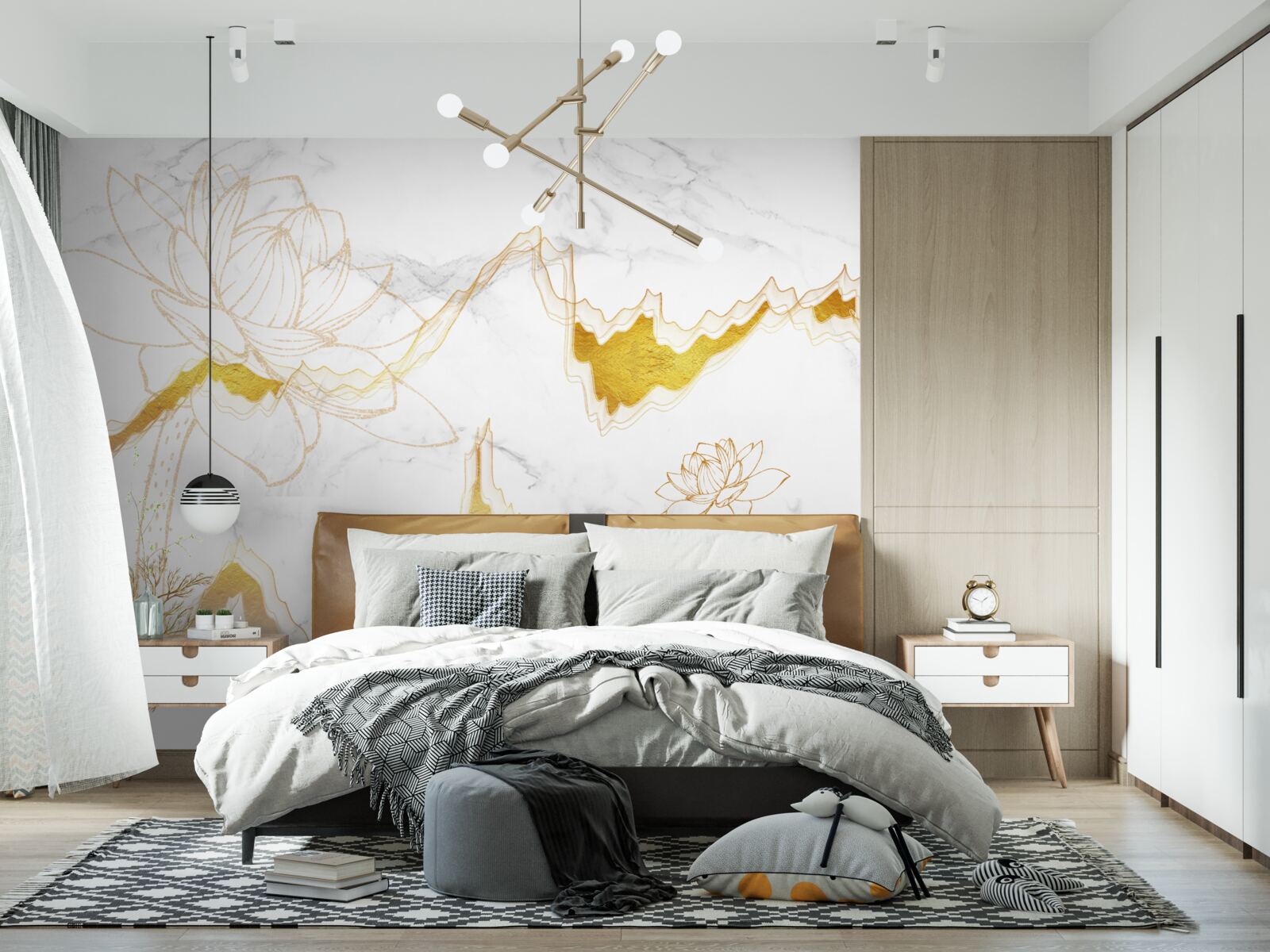 Papier peint contours de plantes et d'arbres sur fond écarlate