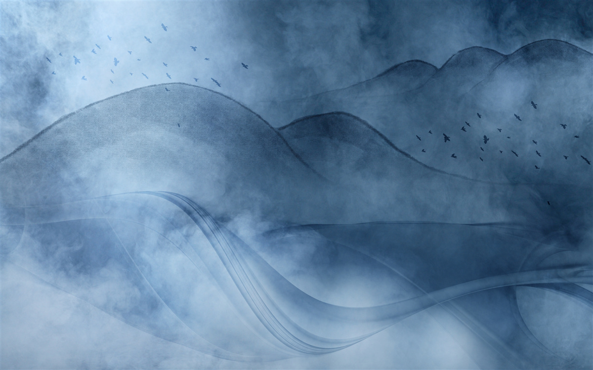 Papier peint des montagnes enveloppées de brume, derrière un voile de mer