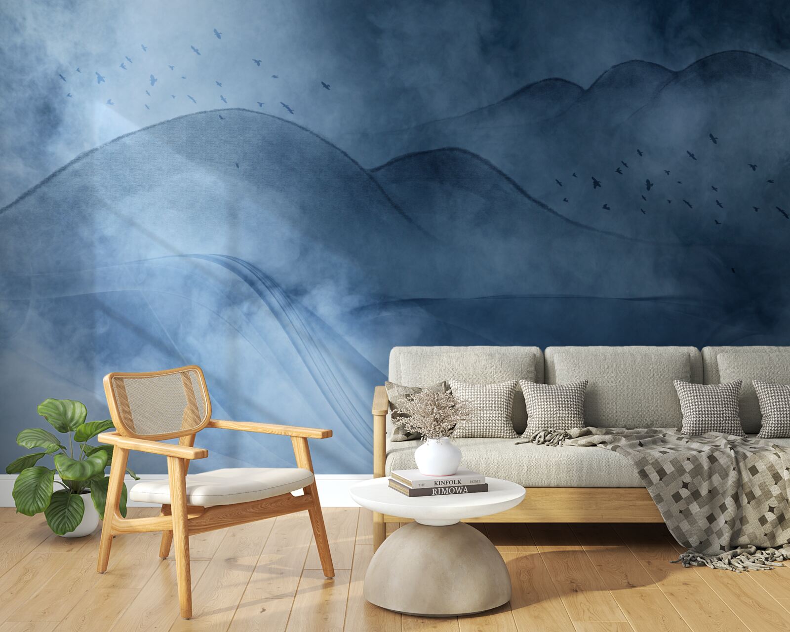 Papier peint des montagnes enveloppées de brume, derrière un voile de mer