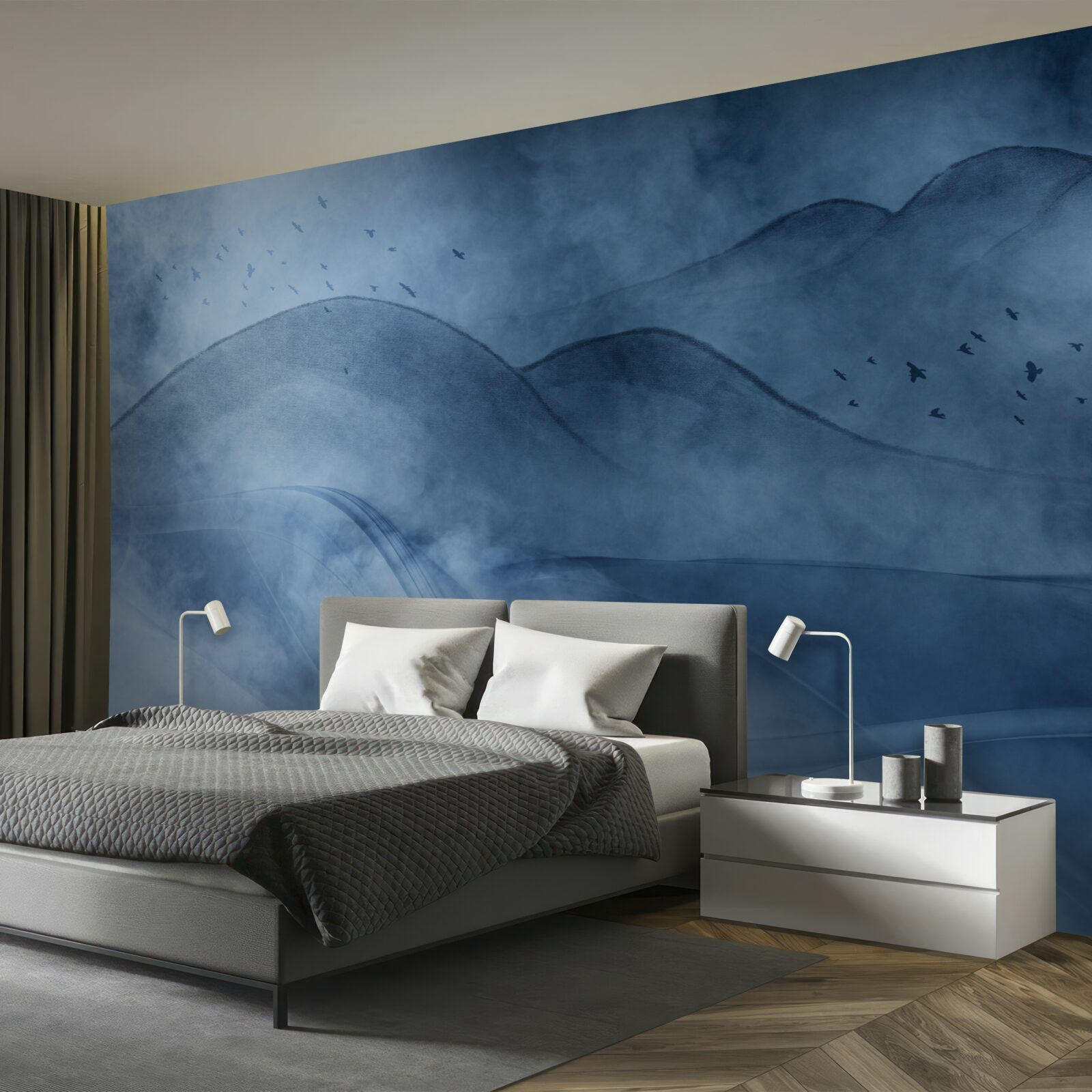 Papier peint des montagnes enveloppées de brume, derrière un voile de mer