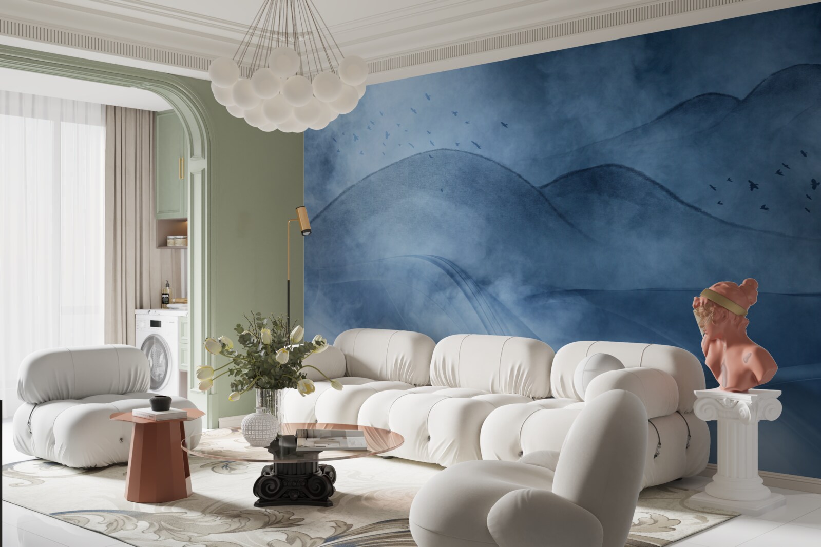 Papier peint des montagnes enveloppées de brume, derrière un voile de mer