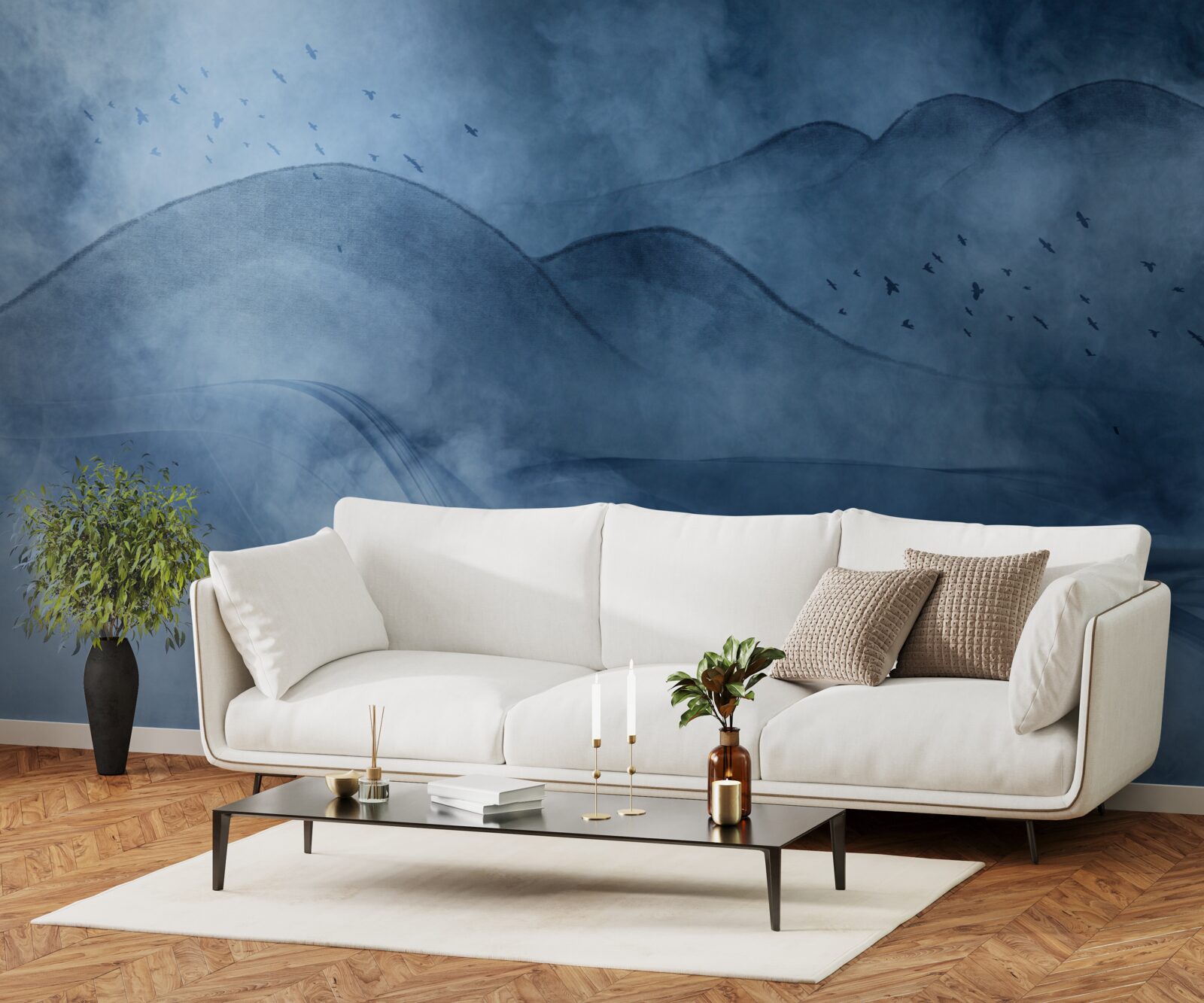 Papier peint des montagnes enveloppées de brume, derrière un voile de mer