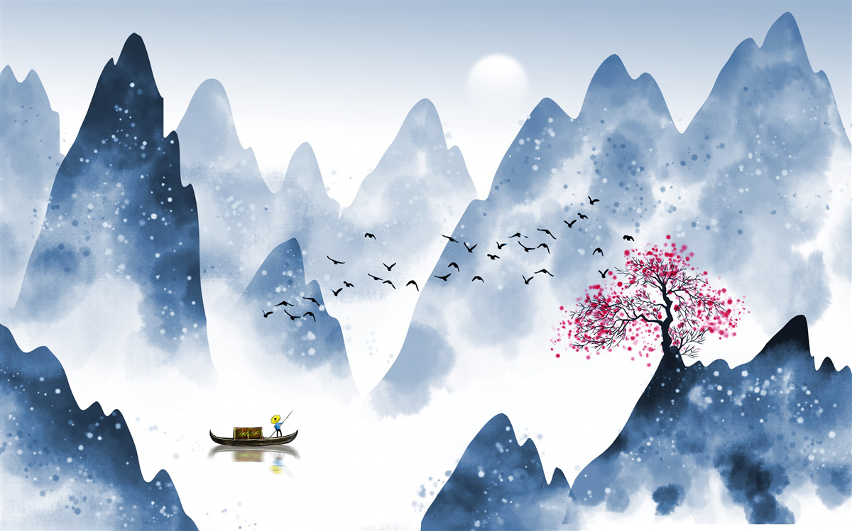 Papier peint un pêcheur revient sur un lac de montagne