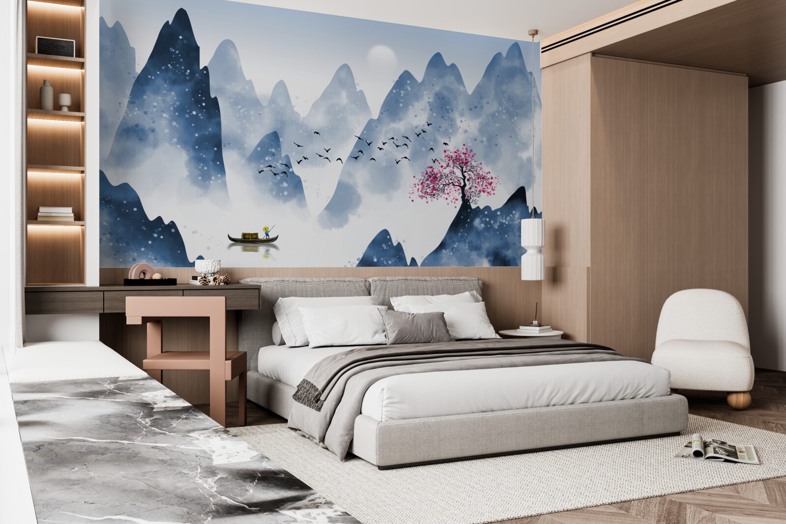 Papier peint un pêcheur revient sur un lac de montagne