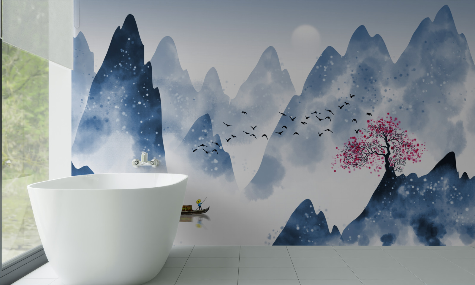 Papier peint un pêcheur revient sur un lac de montagne