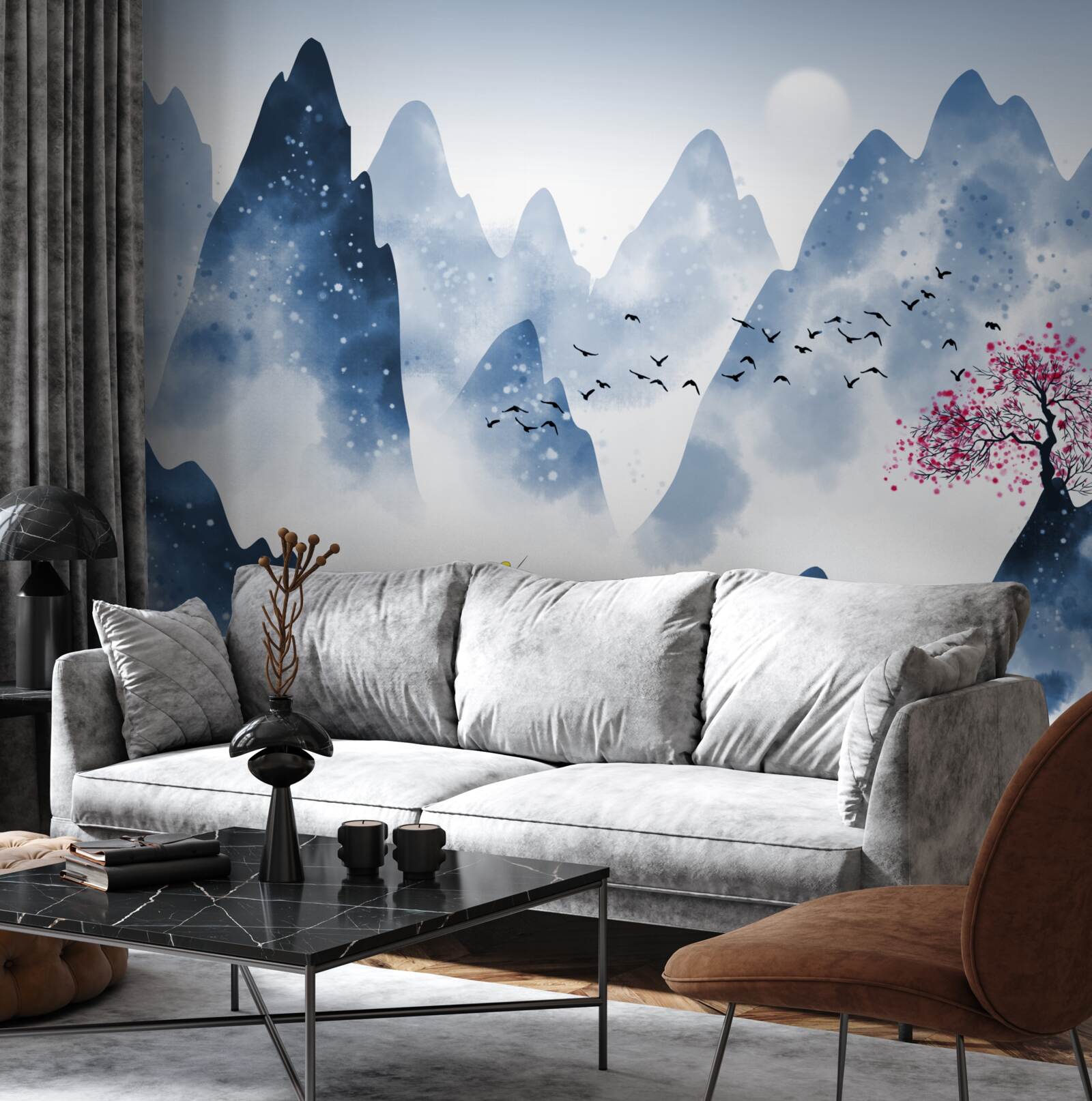 Papier peint un pêcheur revient sur un lac de montagne