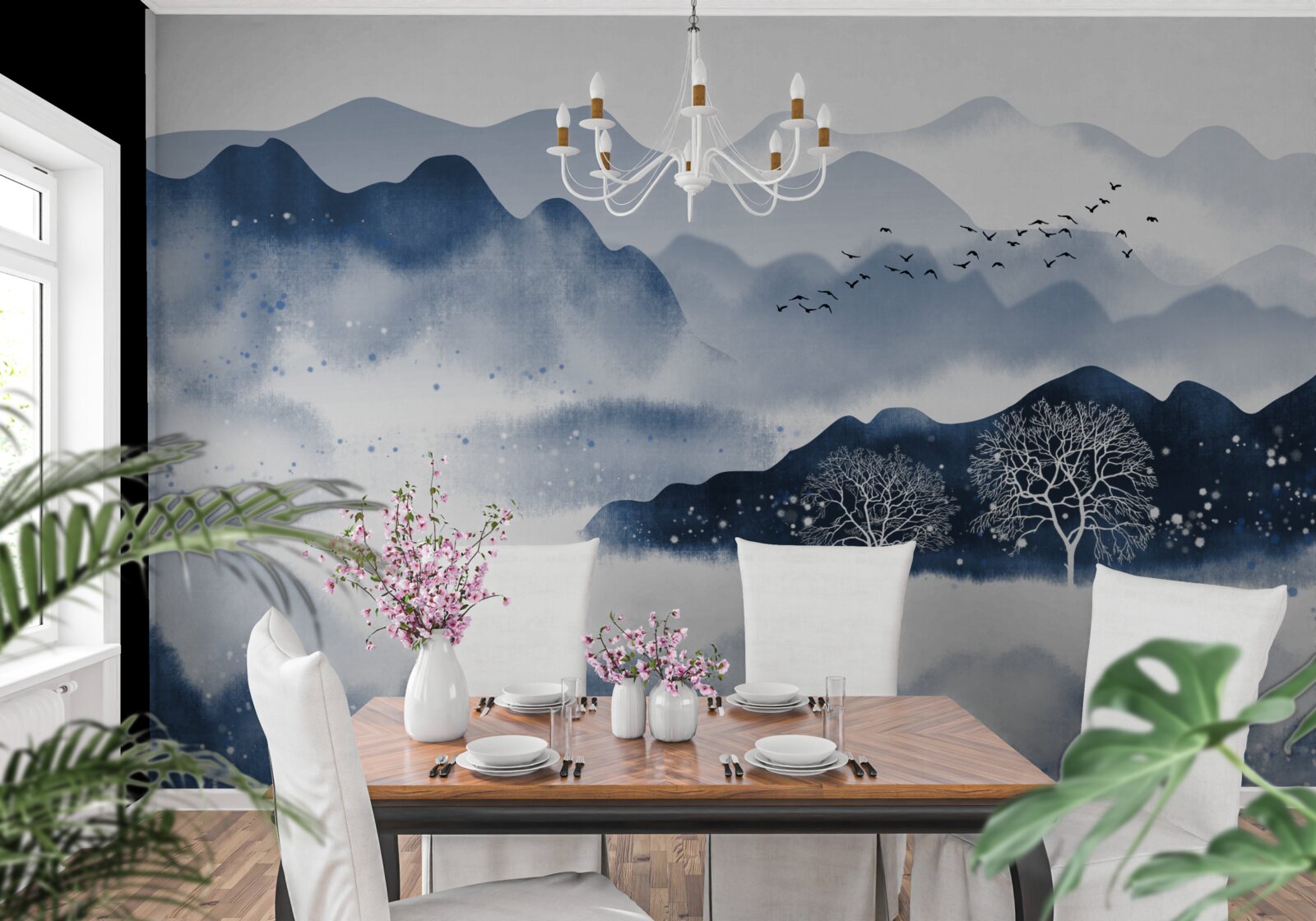 Papier peint un pêcheur à la ligne nage lentement le long d'un réservoir de montagne tranquille