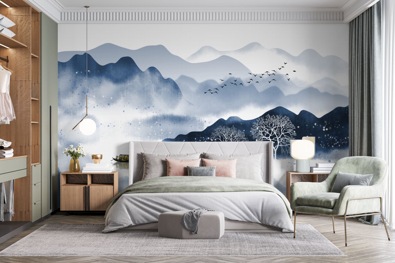 Papier peint un pêcheur à la ligne nage lentement le long d'un réservoir de montagne tranquille